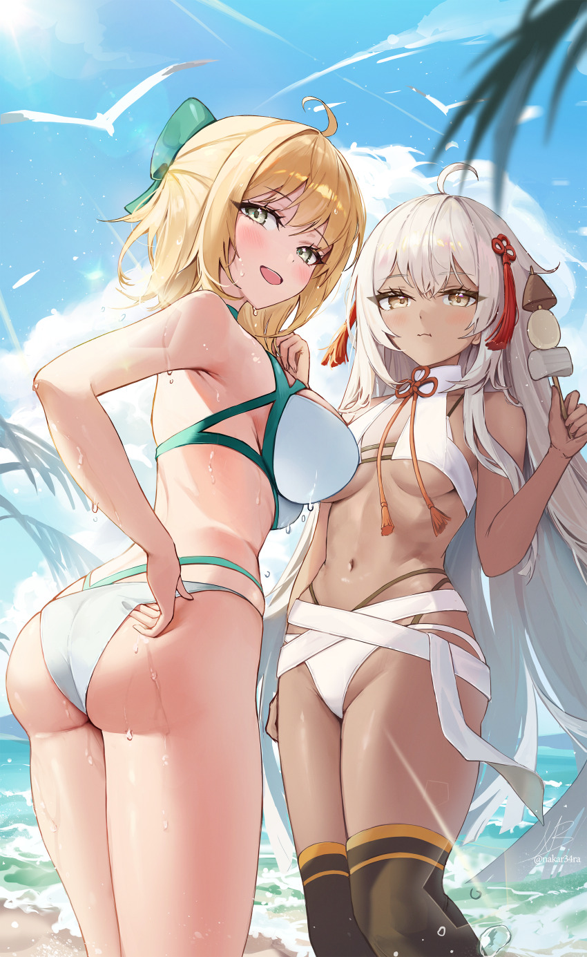 2girls absurdres ahoge aqua_bow ass bare_shoulders beach bikini blonde_hair blue_sky blush bow breasts cleavage collarbone dark-skinned_female dark_skin fate/grand_order fate_(series) food grey_eyes hair_bow half_updo highleg highleg_bikini highres large_breasts long_hair looking_at_viewer looking_back medium_breasts multiple_girls nakar34ra navel okita_j._souji_(fate) okita_j._souji_(third_ascension)_(fate) okita_souji_(fate) okita_souji_alter_(swimsuit_saber)_(fate) okita_souji_alter_(swimsuit_saber)_(first_ascension)_(fate) open_mouth orange_scarf scarf shore short_hair sky smile swimsuit tassel thighs very_long_hair white_bikini white_hair yellow_eyes
