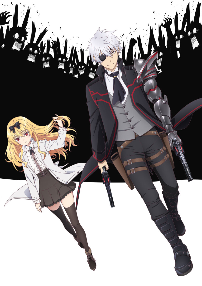 1boy 1girl absurdres arifureta_shokugyou_de_sekai_saikyou belt black_coat black_footwear black_hairband black_neckerchief black_pants black_skirt black_thighhighs blonde_hair boots bow_hairband coat collared_shirt grey_hair gun gunbelt hairband handgun high-waist_skirt highres holding holding_weapon key_visual long_hair miniskirt nagumo_hajime neckerchief official_art pants promotional_art prosthesis prosthetic_arm red_eyes revolver shirt skirt thighhighs vest waistcoat weapon white_coat yue_(arifureta)