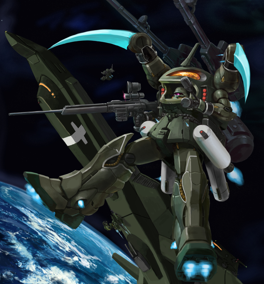 beam_rifle earth_(planet) energy_gun explosive fusion gaza-d geara_zulu grenade gundam gundam_unicorn highres mecha musaka planet robot space weapon yoyo1/3 zakrello zaku zaku_ii_f2