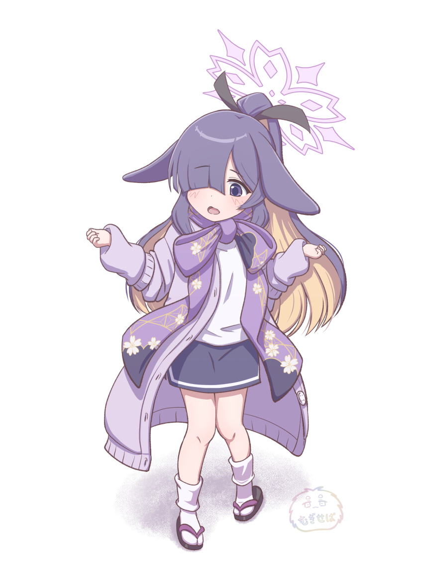 1girl absurdres aged_down alternate_costume animal_ears black_hair blonde_hair blue_archive blunt_bangs blush cardigan child colored_inner_hair commentary_request floppy_ears floral_print full_body hair_over_one_eye halo hands_up highres long_bangs long_hair looking_down mugisepa multicolored_hair one_eye_covered open_cardigan open_clothes open_mouth print_scarf purple_cardigan purple_eyes purple_halo purple_scarf rabbit_ears rabbit_girl scarf shirt simple_background sleeves_past_wrists solo standing straight_hair tabi tareme tsukuyo_(blue_archive) w_arms white_background white_shirt