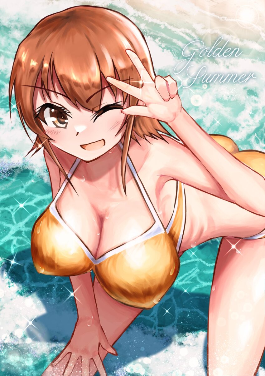 1girl beach bikini breasts brown_eyes brown_hair cleavage commentary_request feet_out_of_frame flipped_hair hair_ornament hairclip hand_on_own_thigh highres kantai_collection large_breasts official_alternate_costume one_eye_closed orange_bikini owada_(kousonhuchi) richard_p._leary_(kancolle) richard_p._leary_(swimsuit)_(kancolle) short_hair smile solo sparkle swimsuit v water