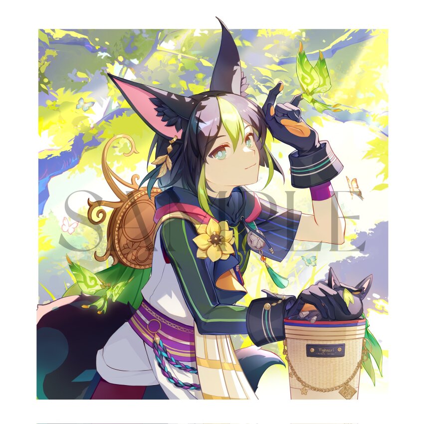 1boy animal_ear_fluff animal_ears asymmetrical_sleeves black_gloves black_hair black_hood border bug butterfly closed_mouth commentary_request crystalfly_(genshin_impact) day drawstring flower fox_boy fox_ears genshin_impact gloves green_eyes green_hair hair_between_eyes hand_up highres hood hood_down insect looking_at_viewer male_focus medium_hair mlcc_3190969461 multicolored_hair outdoors pink_butterfly sample_watermark smile solo streaked_hair tassel tighnari_(genshin_impact) uneven_sleeves watermark white_border yellow_flower