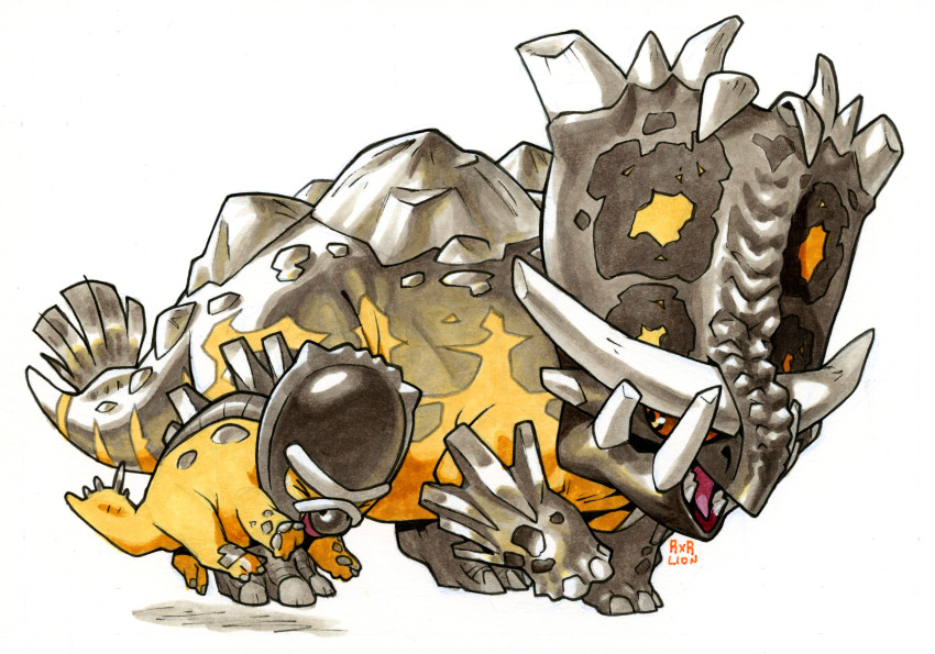 absurdres artist_name bastiodon chasmosaurus closed_eyes commentary dinosaur english_commentary evolutionary_line gen_4_pokemon highres marker_(medium) nintendo no_humans open_mouth pokemon pokemon_(creature) railroadlion shieldon simple_background traditional_media white_background