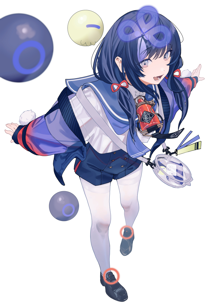 1girl absurdres arisaki_(cnxy7525) black_shoes black_shorts blue_hair commentary_request fang full_body grey_eyes highres jacket loafers long_hair long_sleeves looking_at_viewer low_twintails multicolored_hair nijisanji open_mouth outstretched_arms pantyhose ponto_nei purple_jacket sailor_collar shirt shoes shorts sidelocks skin_fang smile solo spread_arms standing streaked_hair transparent_bag twintails virtual_youtuber white_background white_pantyhose white_shirt