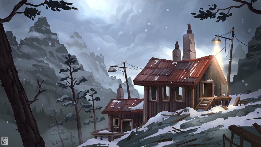 abandoned architecture artist_logo building chimney cloud commentary english_commentary highres house lamppost logo moonlight mountain night night_sky no_humans original outdoors power_lines scenery sky snow snowing stairs tree utility_pole waltjan winter wooden_wall