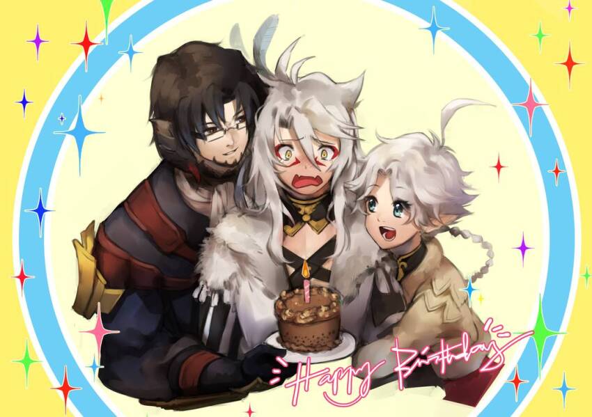 1boy 1girl alisaie_leveilleur au_ra black_hair blue_eyes cake elezen elf final_fantasy final_fantasy_xiv food glasses happy_birthday horns karaoke miqo&#039;te pointy_ears ranier_layarte red_eyes white_hair xaela yellow_eyes
