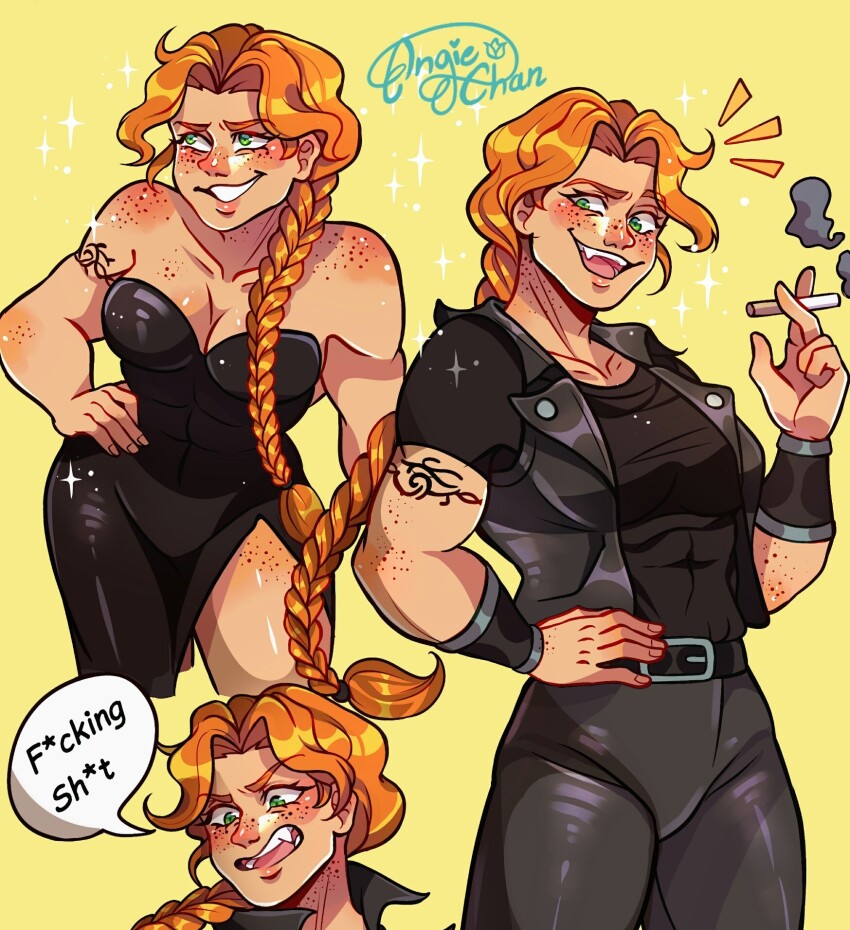 3girls angie03 black_dress black_jacket black_pants black_shorts bracelet braid braided_ponytail dress highres insult jacket jewelry metal_family multiple_girls muscular muscular_female orange_hair pants shorts smile smoke smoking victoria_(metal_family)