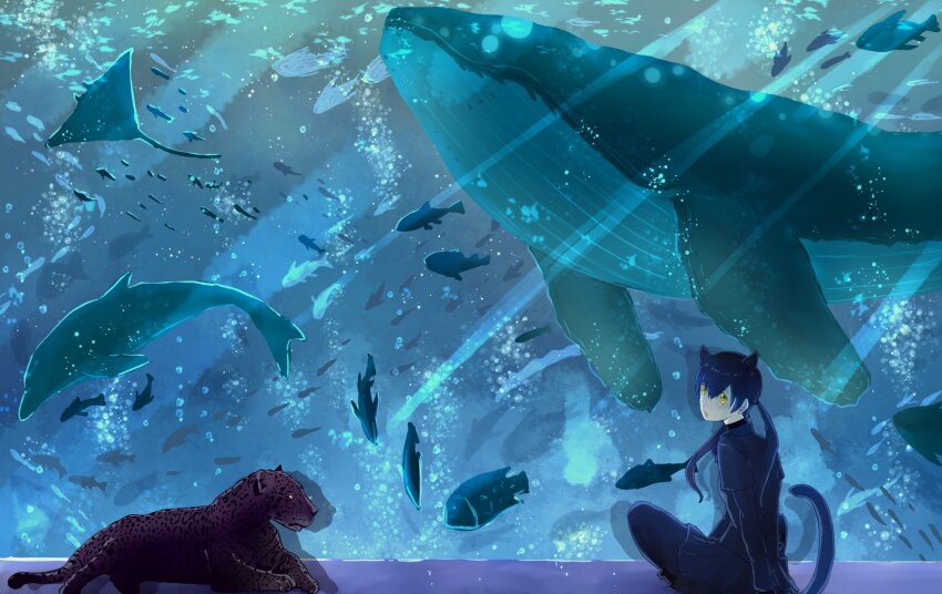 1girl animal animal_ears aquarium black_hair black_leopard_(kemono_friends) black_leotard black_shirt black_skirt blonde_hair blue_whale bodystocking creature_and_personification dolphin ena_jura fish fish_tank highres kemono_friends layered_sleeves leopard leopard_ears leopard_girl leopard_tail leotard long_hair long_sleeves looking_at_another looking_at_viewer looking_back manta_ray personification shirt short_over_long_sleeves short_sleeves silhouette sitting skirt tail twintails very_long_hair water whale yellow_eyes