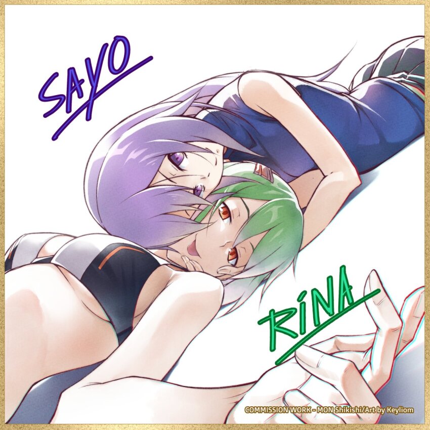 2girls bikini black_bikini black_skirt blue_shirt brown_eyes character_name chin_rest commentary commentary_request commission copyright_name digimon digimon_story:_sunburst_and_moonlight digimon_world_re:digitize green_eyes hand_on_another&#039;s_face head_on_head head_rest highres keyliom long_hair lying multicolored_bikini multiple_girls no_headwear on_back on_stomach pleated_skirt purple_eyes sayo_(digimon) shikishi shinomiya_rina shirt short_hair simple_background skirt sleeveless sleeveless_shirt swimsuit tongue tongue_out upper_body white_background white_bikini