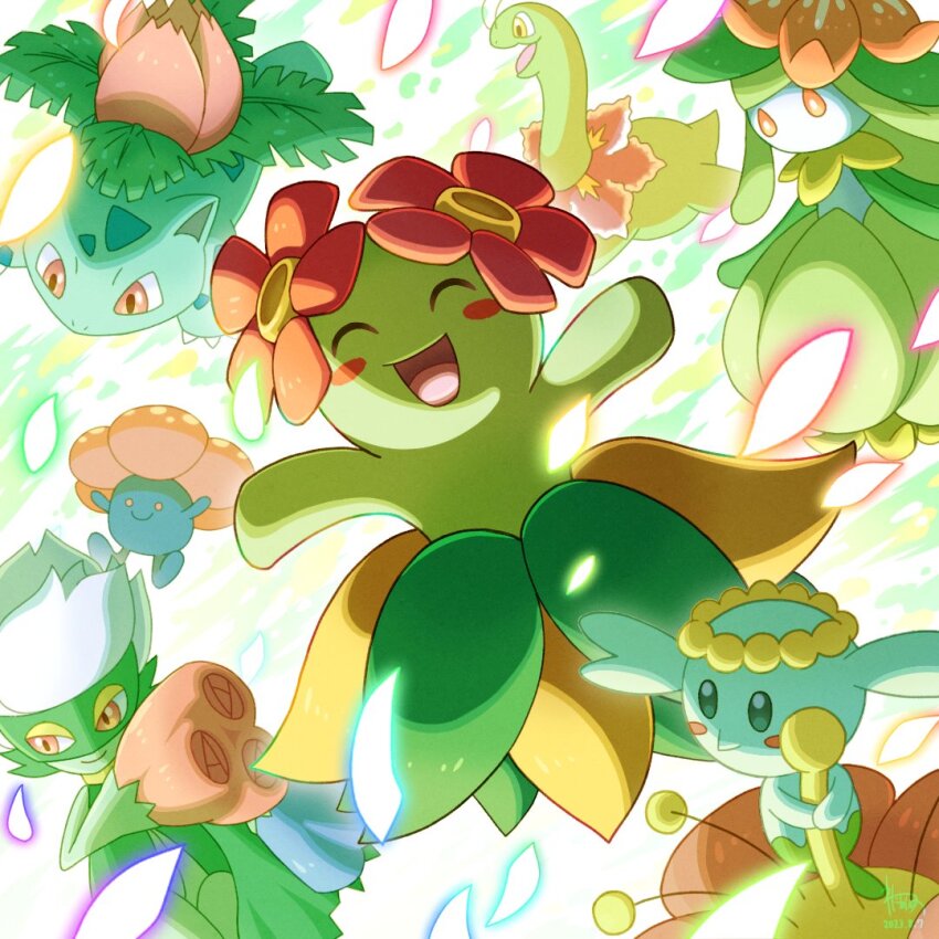 4girls bellossom blue_skin blush blush_stickers closed_mouth colored_skin commentary flabebe flabebe_(red_flower) flower gen_1_pokemon gen_2_pokemon gen_4_pokemon gen_5_pokemon gen_6_pokemon green_skin ivysaur lilligant meganium monster_girl multiple_girls nintendo petals pink_eyes plant_girl pokemon pokemon_(creature) roserade smile vileplume wataame4907 white_skin