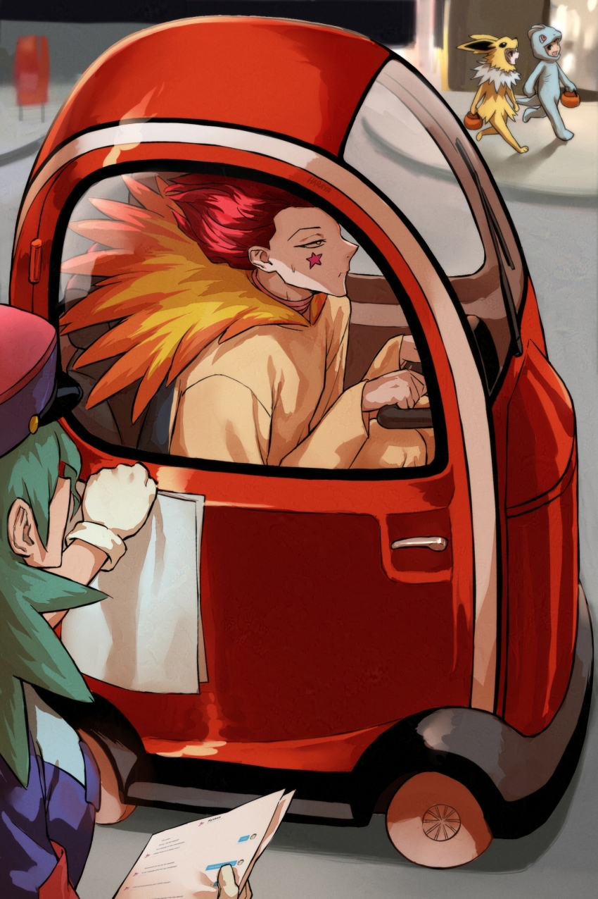 1girl 2024_pokemon_teraleak 3boys basket black_hair car cosplay crossover driving facial_mark gen_1_pokemon gen_2_pokemon gloves gon_freecss green_hair hair_slicked_back halloween haraya_manawari highres hisoka_morow holding holding_basket hunter_x_hunter jenny_(pokemon) jolteon jolteon_(cosplay) killua_zoldyck long_hair machop machop_(cosplay) motor_vehicle multiple_boys nintendo outdoors pokemon pokemon_(anime) pokemon_(classic_anime) police police_uniform policewoman red_hair road short_hair star_(symbol) star_facial_mark street trait_connection typhlosion typhlosion_(cosplay) walking white_gloves white_hair