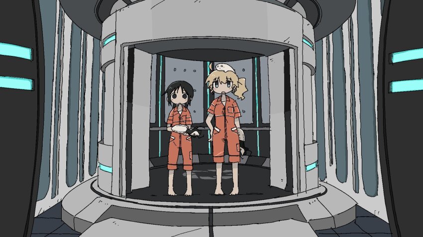 2girls ahoge alternate_costume aperture_science_handheld_portal_device barefoot black_eyes black_hair blonde_hair blue_eyes chell chell_(cosplay) chito_(shoujo_shuumatsu_ryokou) commentary_request cosplay elevator hand_on_own_hip highres holding jumpsuit light_blush looking_at_viewer multiple_girls nuko_(shoujo_shuumatsu_ryokou) open_mouth orange_jumpsuit pants pants_rolled_up parody portal_(series) science_fiction shirt short_sleeves shoujo_shuumatsu_ryokou side_ponytail standing straight-on white_shirt wide_shot yoyohachi yuuri_(shoujo_shuumatsu_ryokou)