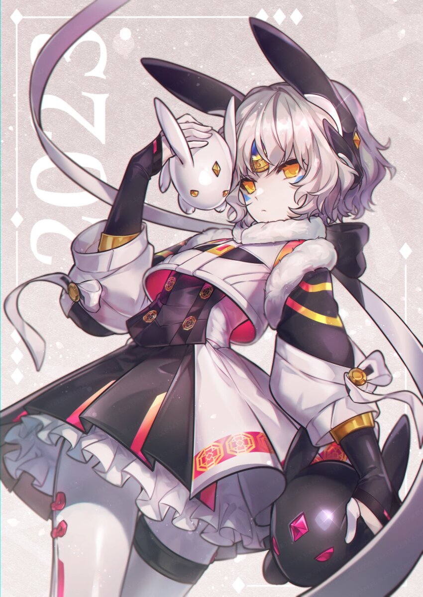 1girl 2023 absurdres alternate_costume android animal_ears black_dress chinese_zodiac closed_mouth commentary dress elsword eve_(elsword) expressionless facial_mark fake_animal_ears floating forehead_jewel gem grey_hair highres lenmue0 long_sleeves looking_at_viewer moby_(elsword) pale_skin pantyhose rabbit_ears remy_(elsword) robot short_hair two-tone_dress white_dress white_pantyhose year_of_the_rabbit yellow_eyes