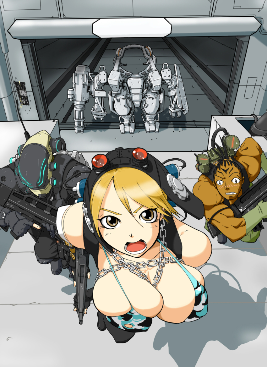 1girl 2boys bare_shoulders bikini bikini_top_only blonde_hair blush bouncing_breasts breasts brown_eyes capcom chain cleavage from_above gloves helmet highres large_breasts lost_planet lost_planet_2 mecha multiple_boys open_mouth robot running source_request swimsuit weapon