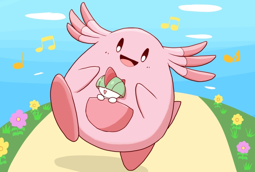 1other black_sclera blue_sky blunt_bangs chansey child cloud colored_sclera colored_skin covered_eyes day flower full_body gen_1_pokemon gen_3_pokemon grass green_hair hair_over_eyes happy highres jumping monya musical_note nintendo open_mouth outdoors path pink_flower pokemon pokemon_(creature) ralts road short_hair sky smile white_eyes white_skin yellow_flower