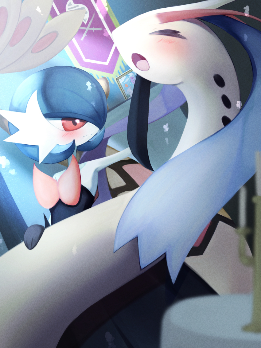 absurdres alternate_color black_dress black_gloves blue_hair blush bob_cut candlestand clarashiina closed_eyes dress elbow_gloves feebas gardevoir gen_3_pokemon gloves hand_on_another&#039;s_face highres mega_gardevoir mega_pokemon milotic nintendo open_mouth pokemon pokemon_(creature) ralts shiny_pokemon smile strapless strapless_dress