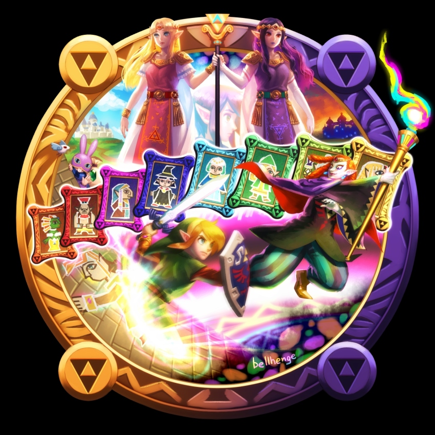 2boys 2girls bellhenge blonde_hair blue_eyes green_tunic hat highres link long_hair master_sword md5_mismatch multiple_boys multiple_girls nintendo princess_hilda princess_zelda ravio resized resolution_mismatch sheerow source_smaller the_legend_of_zelda the_legend_of_zelda:_a_link_between_worlds tunic upscaled yuga_(zelda)