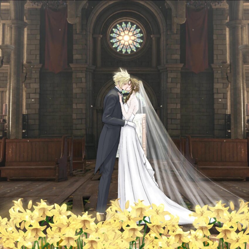1boy 1girl aerith_gainsborough black_jacket black_pants blonde_hair brick_wall bridal_veil bride brown_hair church closed_eyes cloud_strife couple dress final_fantasy final_fantasy_vii final_fantasy_vii_rebirth final_fantasy_vii_remake flower flower_bed gloves groom hand_on_another&#039;s_chest hetero husband_and_wife jacket kiss lace_sleeves lily_(flower) long_dress pants parted_bangs pew screenshot_background sidelocks spiked_hair stained_glass tailcoat veil wedding wedding_dress white_dress white_gloves wooden_floor ws_alte yellow_flower