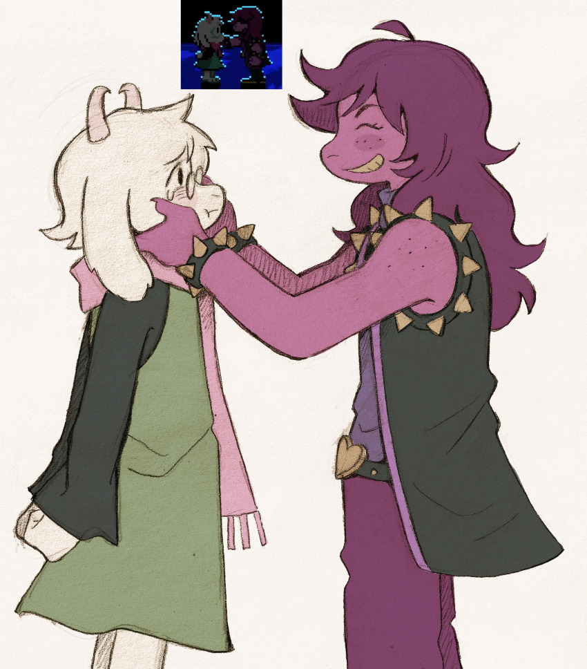 1boy animal_ears colored_skin colored_teeth deltarune derivative_work furry furry_female furry_male glasses goat_boy goat_ears goat_horns green_robe highres horns pink_horns pink_scarf pink_skin ralsei reptile_girl robe round_eyewear scarf screenshot_redraw simple_background smile susie_(deltarune) szivarvanyturmix02 teeth yellow_teeth