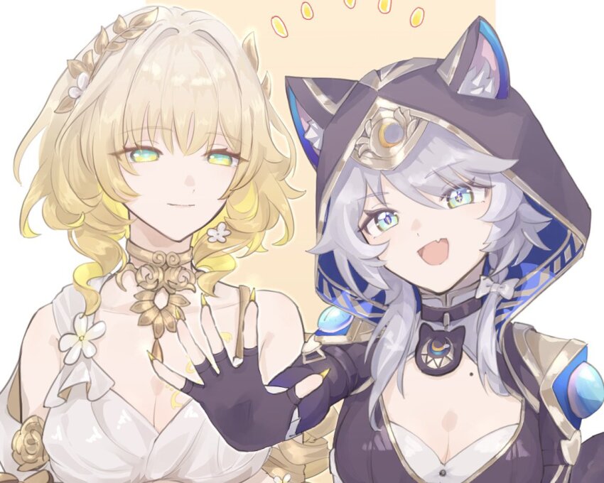 2girls aglaea_(honkai:_star_rail) animal_ears animal_hood black_gloves blonde_hair blue_eyes breast_tattoo breasts cat_ears cat_girl cat_hood cipher_(honkai:_star_rail) cleavage commentary dress fingerless_gloves gloves gold_tattoo green_eyes grey_hair honkai:_star_rail honkai_(series) hood large_breasts mole mole_on_breast multiple_girls open_mouth short_hair short_hair_with_long_locks smile suwa_(swk_kkk) symbol-only_commentary tattoo upper_body white_dress yellow_nails
