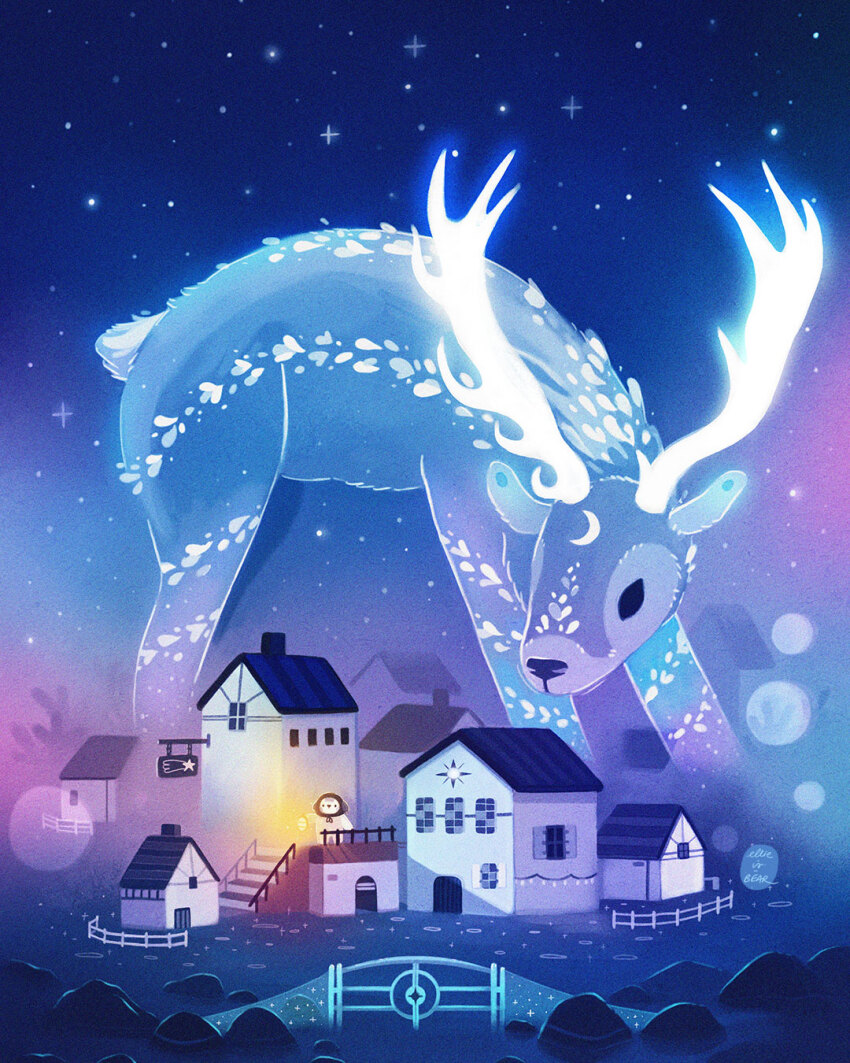 antlers artist_name building crescent deer door ellievsbear fence gate glowing highres horns night night_sky no_humans original outdoors rock scenery see-through_body signature sky stairs standing star_(sky) village wide_shot window