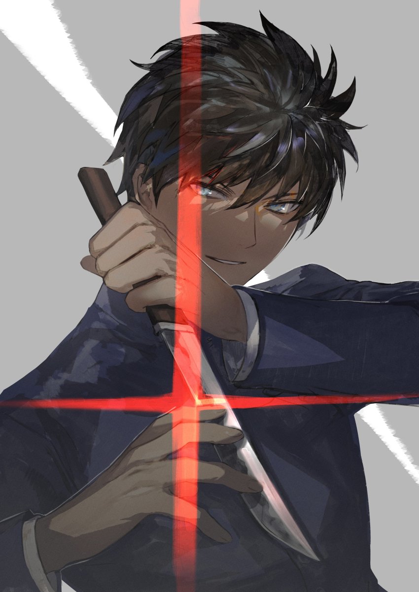 1boy absurdres araya_(hachino_araya) black_hair blue_eyes blue_jacket gakuran grey_background highres holding holding_knife holding_weapon jacket knife long_sleeves looking_at_viewer male_focus melty_blood nanaya_shiki parted_lips reverse_grip school_uniform short_hair smile smirk solo tsukihime tsurime upper_body weapon