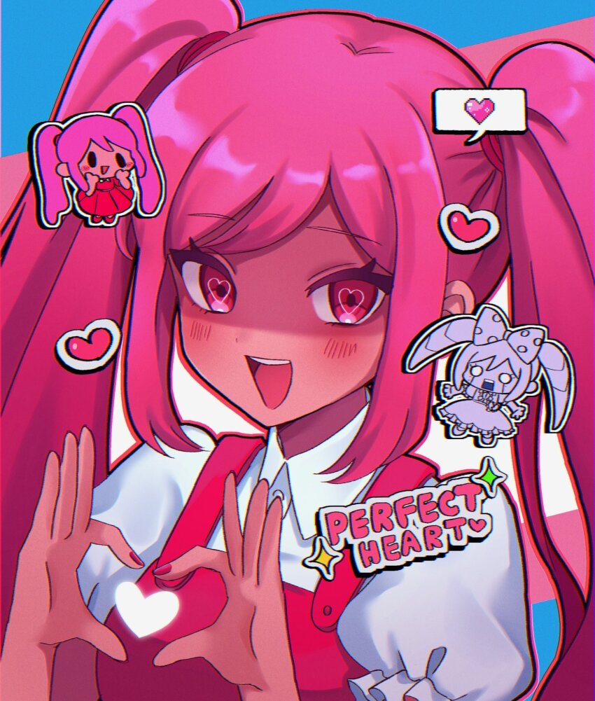 3girls :d blue_background blush character_name chromatic_aberration commentary dark-skinned_female dark_skin dress english_commentary frilled_sleeves frills hair_tie hands_up heart heart_hands heart_in_eye heart_in_heart_hands highres long_hair looking_at_viewer multiple_girls multiple_persona mutantheart_(omori) nail_polish omori open_mouth outline perfectheart_(omori) pink_background pink_eyes pink_hair portrait puffy_short_sleeves puffy_sleeves red_dress red_nails red_outline roboheart_(omori) shaded_face shirt short_sleeves sidelocks sleeveless sleeveless_dress smile sparkle spoken_heart striped_background swh_78 symbol_in_eye teeth tongue transgender_flag twintails upper_teeth_only white_background white_outline white_shirt