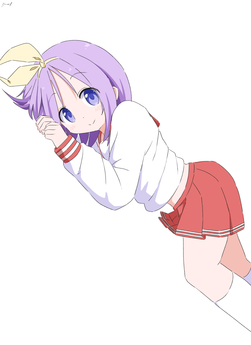 1girl absurdres apron closed_mouth cynical_(llcbluckg_c004) dutch_angle feet_out_of_frame hairband highres hiiragi_tsukasa long_sleeves looking_at_viewer lucky_star lying midriff_peek on_stomach pleated_skirt purple_eyes purple_hair red_skirt school_uniform simple_background skirt socks solo white_apron white_socks yellow_hairband
