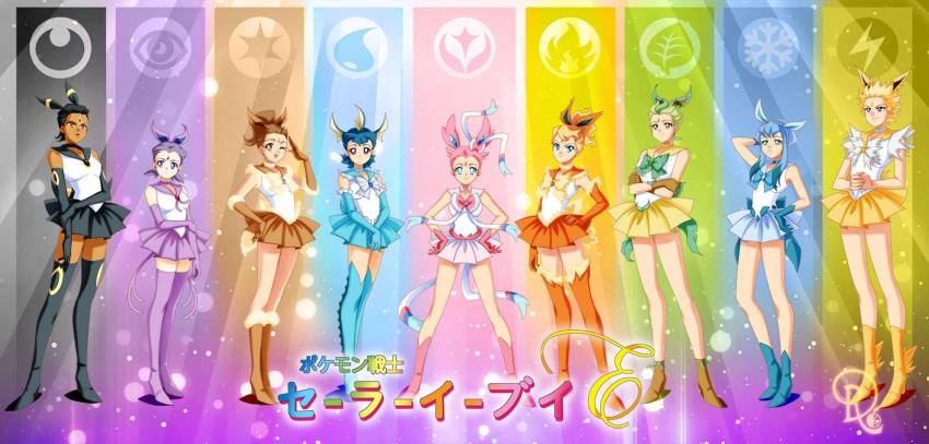 6+girls arm_behind_head bishoujo_senshi_sailor_moon black_gloves black_hair black_lips black_skirt blonde_hair blue_gloves blue_hair blue_sailor_collar blue_skirt boots brown_eyes brown_gloves brown_hair brown_skirt cosplay crossed_arms dark-skinned_female dark_skin drachea_rannak eevee elbow_gloves espeon evolutionary_line facial_mark flareon forehead_jewel forehead_mark gen_1_pokemon gen_2_pokemon gen_4_pokemon gen_6_pokemon glaceon gloves green_hair hair_ornament hand_on_own_hip hands_on_own_hips high_heel_boots high_heels high_ponytail highres jolteon leafeon legs_together lipstick makeup messy_hair miniskirt multiple_girls nintendo open_mouth orange_gloves orange_skirt personification pink_gloves pink_hair pleated_skirt pokemon ponytail purple_eyes purple_gloves purple_hair purple_skirt red_eyes ribbon sailor_collar sailor_senshi sailor_senshi_(cosplay) serious short_hair sidelocks skirt smile sylveon thigh_boots thighhighs twintails umbreon unofficial_sailor_senshi_uniform vaporeon watermark white_sailor_collar yellow_eyes yellow_skirt