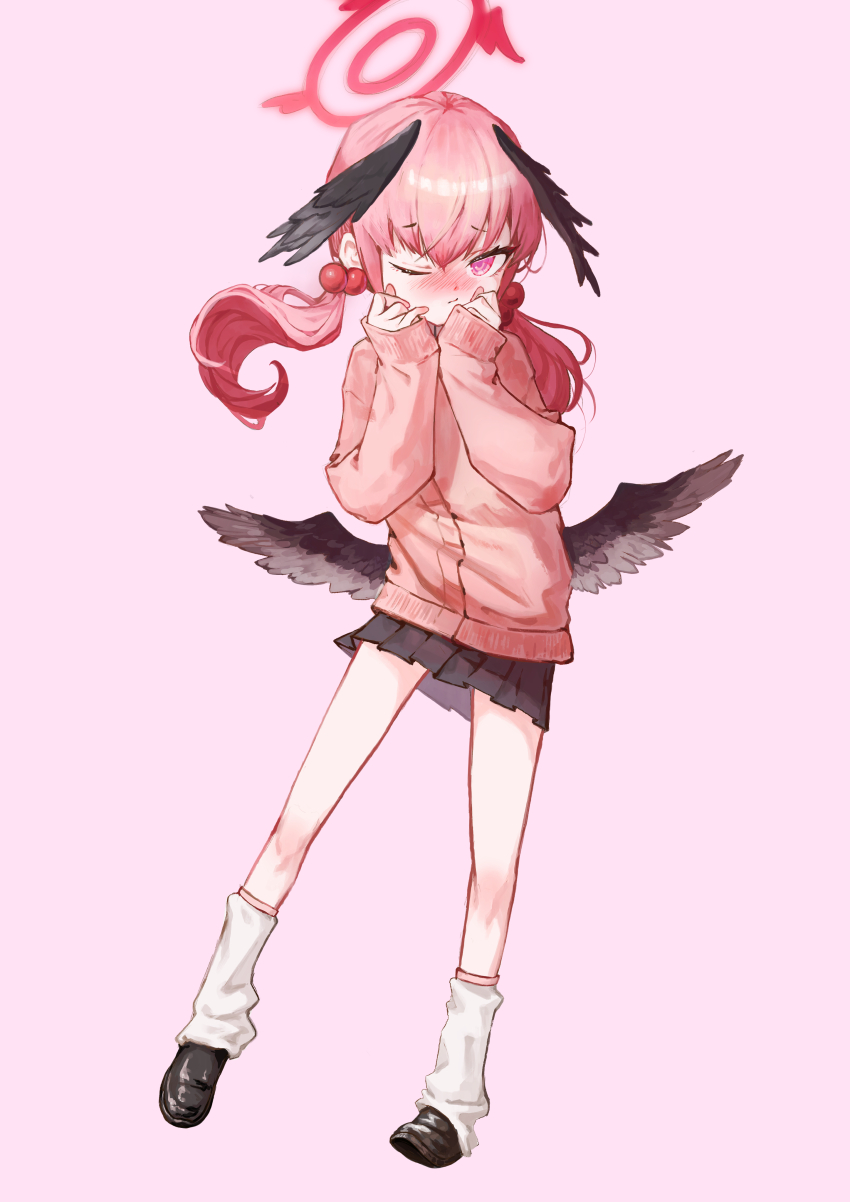 1girl absurdres alternate_costume black_skirt blue_archive blush cardigan closed_mouth embarrassed feathered_wings full_body halo head_wings highres koharu_(blue_archive) kongaru_123 loafers looking_at_viewer loose_socks low_twintails low_wings medium_hair miniskirt multiple_wings one_eye_closed pink_background pink_cardigan pink_eyes pink_hair pink_halo pleated_skirt school_uniform shoes simple_background skirt sleeves_past_wrists socks solo standing twintails winged_halo wings zako_(vocaloid)