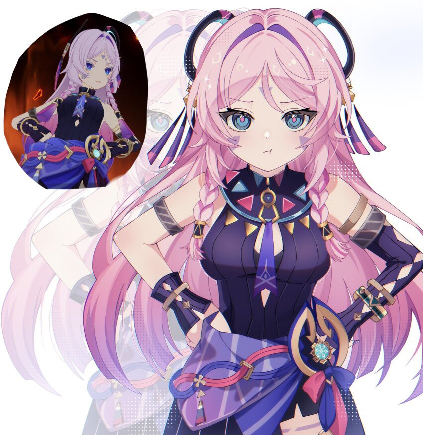 1girl :t armlet asymmetrical_gloves bare_shoulders blue_eyes braid breasts citlali_(genshin_impact) cowboy_shot cryo_symbol_(genshin_impact) elbow_gloves facial_mark floating_headgear forehead_mark game_screenshot_inset genshin_impact gloves gradient_hair hair_intakes hands_on_own_hips hashtag-only_commentary headgear highres jewelry leotard long_hair looking_at_viewer medium_breasts multicolored_hair pink_hair pink_pupils pout single_elbow_glove solo triangle triangle_facial_mark twin_braids vision_(genshin_impact) white_background woolly_(ll_0o0) zoom_layer