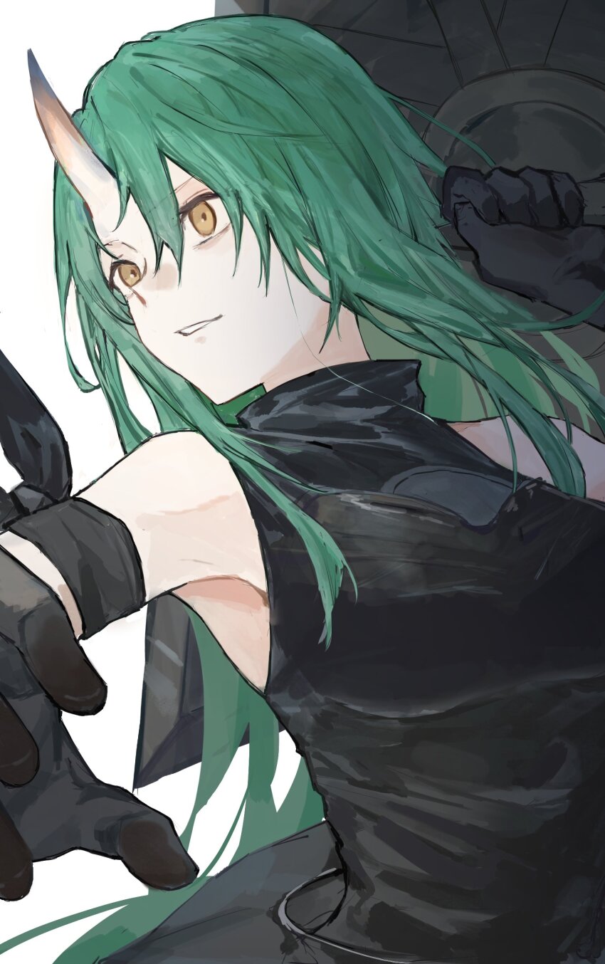 1girl absurdres arknights armband bare_shoulders black_armband black_shirt breasts gloves green_hair hair_between_eyes hashtag-only_commentary highres holding holding_shield horns hoshiguma_(arknights) long_hair looking_to_the_side medium_breasts open_mouth parted_lips qwq22565156 shield shirt simple_background single_horn sleeveless sleeveless_shirt solo upper_body white_background yellow_eyes