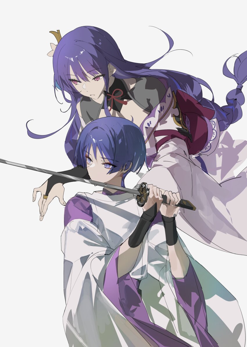 1boy 1girl absurdres armor behind_another black_bridal_gauntlets black_shrug blunt_bangs blunt_ends bridal_gauntlets clothing_cutout eyelashes eyeliner eyeshadow fingernails floating genshin_impact gold_ring grey_shrug hair_tie highres holding holding_sword holding_weapon japanese_armor japanese_clothes kariginu katana kimono kote kurokote layered_kimono layered_sleeves lens_flare levitation long_hair long_sleeves looking_to_the_side low-braided_long_hair low-tied_long_hair makeup mandarin_collar middle_ring mother_and_son obi off_shoulder ohaek12 open_mouth pink_eyes purple_eyes purple_hair purple_kimono purple_sash purple_sleeves raiden_shogun red_eyeliner red_eyeshadow red_rope rope sash scaramouche_(genshin_impact) scaramouche_(kabukimono)_(genshin_impact) shoulder_cutout shrug_(clothing) single_sidelock single_sode sketch sword tsurime weapon white_background white_mouth white_sleeves wide_sleeves