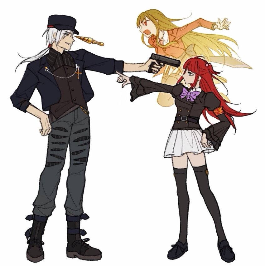 amakusa_juuza gun handgun hat highres magical_girl mammon_(umineko) plankto_x red_hair skirt umineko_no_naku_koro_ni ushiromiya_ange weapon white_hair