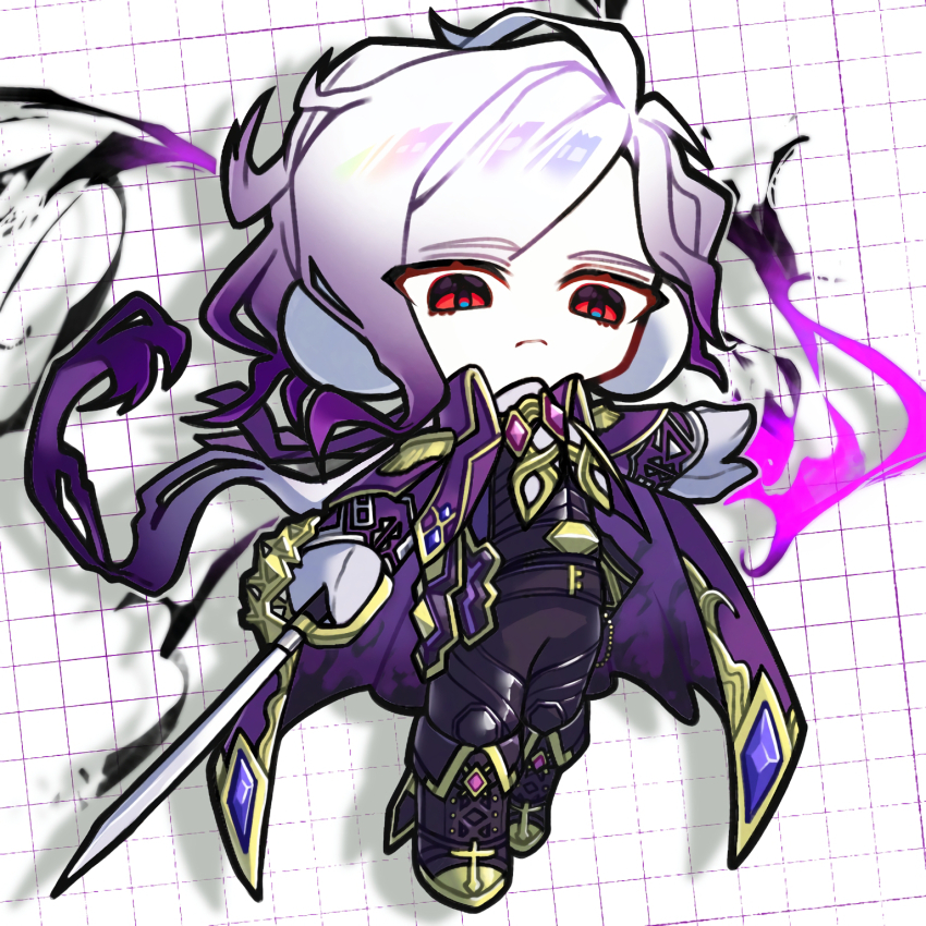1boy belt black_belt black_boots black_fire black_pants blue_eyes boots cape closed_mouth collared_cape commentary drop_shadow edmond_dantes_(fate) empty_eyes epaulettes eyes_visible_through_hair fate/grand_order fate_(series) fire floating_hair frown full_body gloves gradient_hair grid_background hair_ribbon highres holding holding_sword holding_weapon lace-up_boots long_hair long_sleeves looking_at_viewer low_ponytail male_focus multicolored_eyes multicolored_hair neckerchief outstretched_arm pale_skin pants ponytail purple_cape purple_fire purple_hair purple_ribbon red_eyes ribbon simple_background solo standing sword the_count_of_monte_cristo_(fate) the_count_of_monte_cristo_(second_ascension)_(fate) uwu_illust214 weapon white_background white_gloves white_hair white_neckerchief