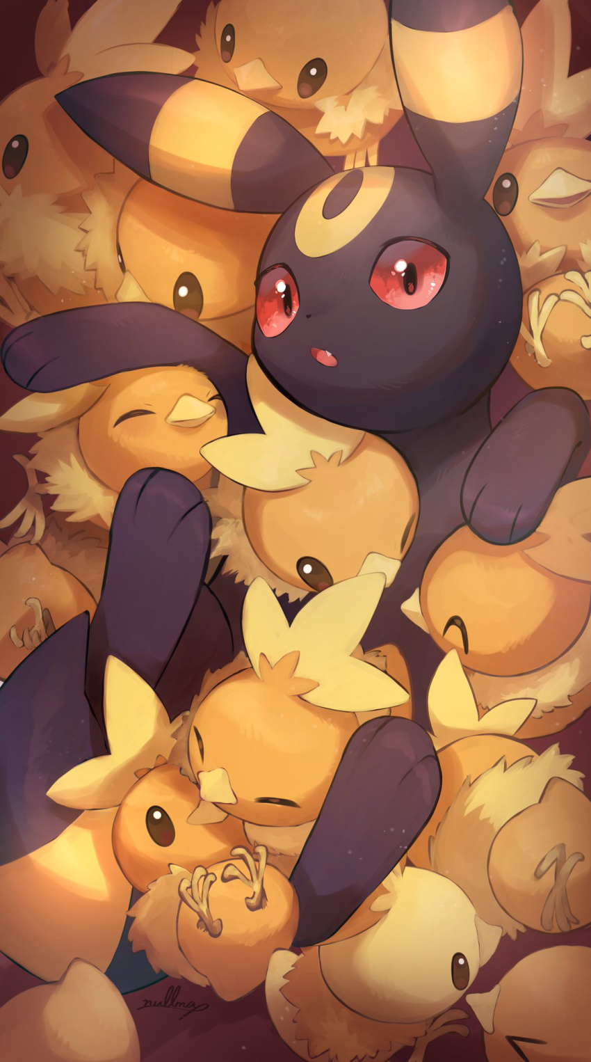 &gt;_&lt; :o animal_focus bird chick fang from_above gen_2_pokemon gen_3_pokemon highres looking_at_viewer lying nintendo no_humans nullma on_back open_mouth pokemon pokemon_(creature) too_many too_many_chicks torchic umbreon
