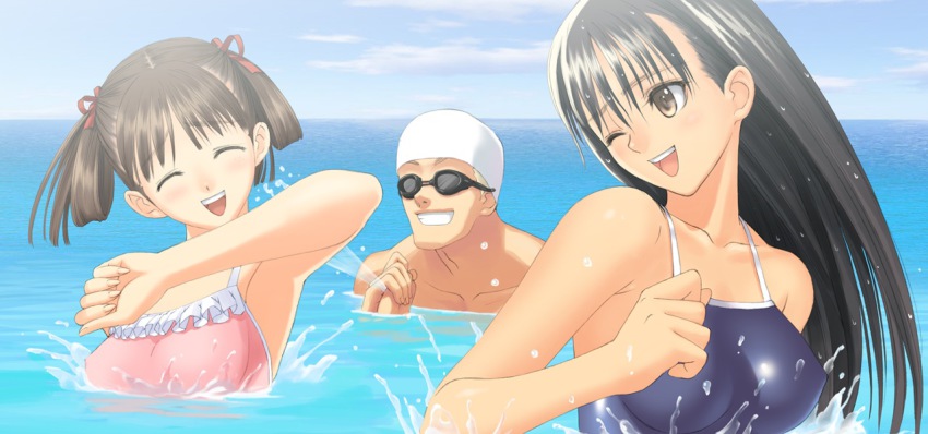 00s 1boy 2girls armpits black_hair blush brown_eyes casual_one-piece_swimsuit competition_school_swimsuit closed_eyes frills goggles grin hair_ribbon happy long_hair mizushima_asa multiple_girls one-piece_swimsuit one_eye_closed ribbon school_swimsuit smile sora_no_iro_mizu_no_iro sorayama_natsume splashing swim_cap swimsuit tony_taka twintails unno_juuzou wading water wet wink