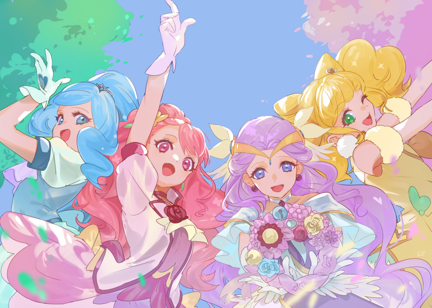 4girls absurdres blonde_hair blue_eyes blue_hair blue_sky blue_vest choker commentary_request cone_hair_bun cure_earth cure_fontaine cure_grace cure_sparkle dress earrings flower forest fuurin_asumi gloves green_eyes hair_bun hair_ornament hanadera_nodoka head_wings healin&#039;_good_precure heart heart_hair_ornament highres hiramitsu_hinata jewelry leaf_earrings magical_girl multiple_girls nature one_eye_closed open_mouth pink_choker pink_eyes pink_hair pom_pom_(clothes) pom_pom_earrings precure purple_eyes purple_hair sawaizumi_chiyu shipu_(gassyumaron) sky smile split_ponytail tiara tree vest white_gloves wings yellow_choker yellow_vest