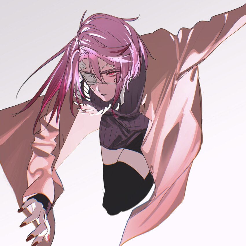 1girl coat dandadan dress eyepatch fishnets highres medium_hair pink_eyes pink_hair red_nails shiratori_aira_(dandadan) simple_background solo ycy5nljkl410219