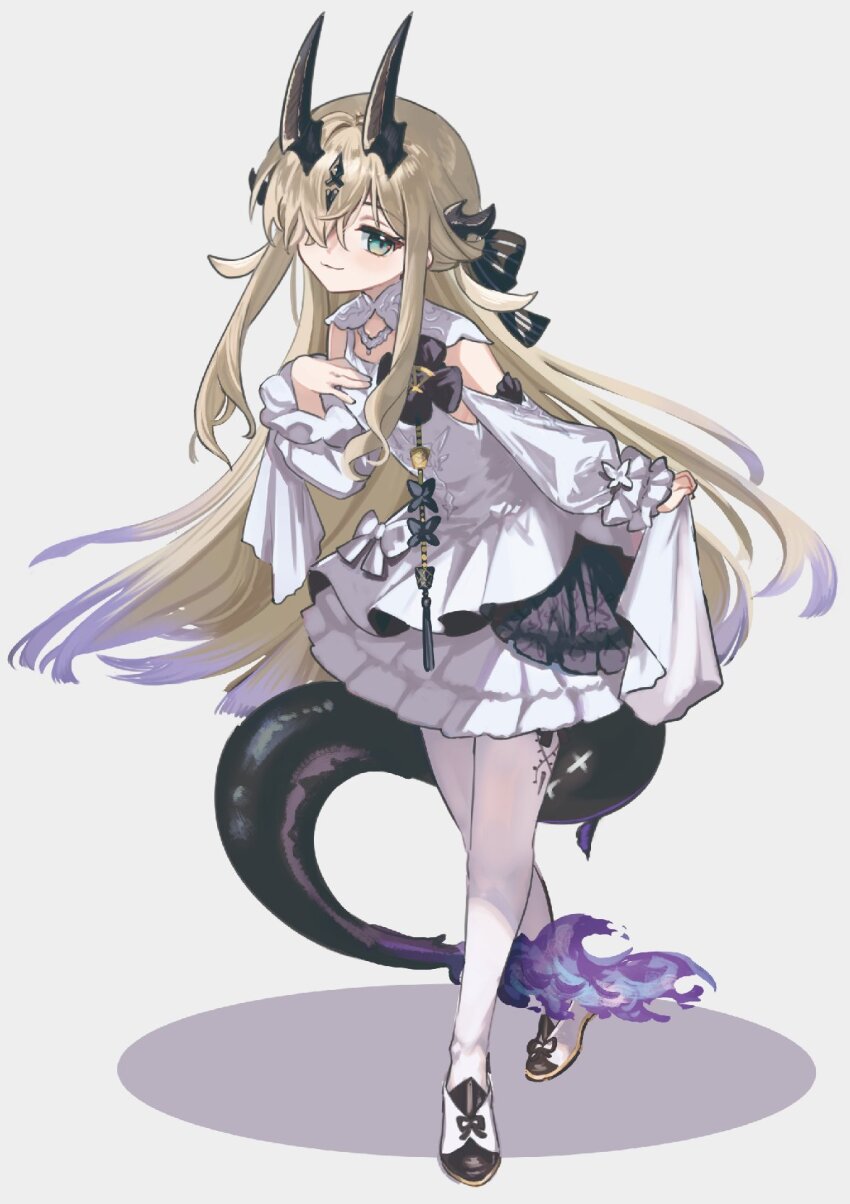 1girl aged_down arknights bare_shoulders black_horns black_tail blonde_hair closed_mouth dress fire flame-tipped_tail full_body gradient_hair green_eyes grey_background hair_over_one_eye hand_on_own_chest highres horns long_hair long_sleeves looking_at_viewer mabing multicolored_hair necrass_(arknights) one_eye_covered pantyhose purple_fire purple_hair simple_background smile solo standing streaked_hair tail very_long_hair white_dress white_pantyhose