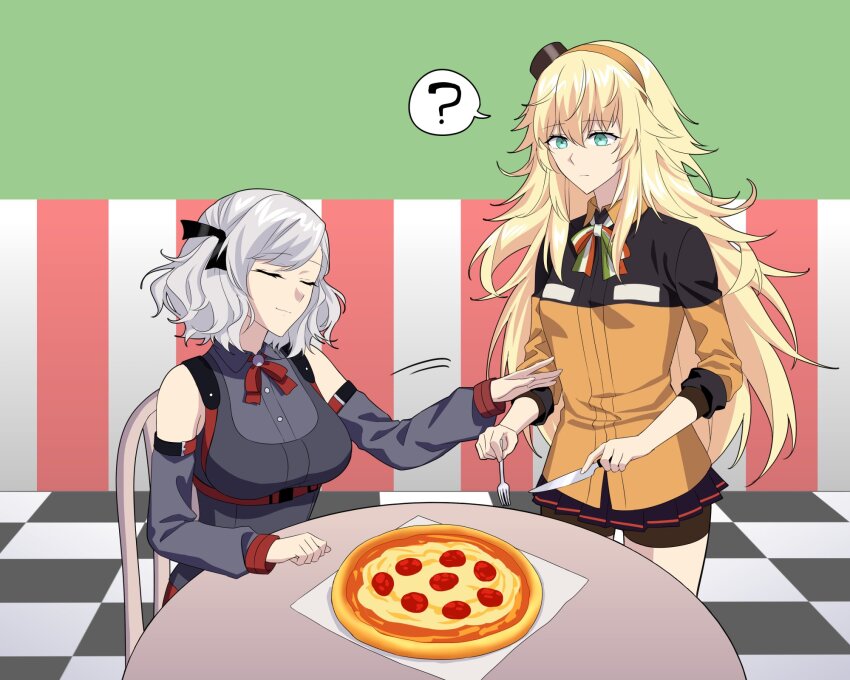 2girls ? bare_shoulders bike_shorts blonde_hair breasts checkered_floor closed_eyes collared_shirt commentary commission detached_sleeves flag_print food fork girls&#039;_frontline green_eyes grey_hair hairband highres holding holding_fork holding_knife italian_flag italian_flag_print knife large_breasts long_hair margherita_pizza messy_hair miniskirt multiple_girls orange_hairband orange_shirt pepperoni pepperoni_pizza pizza print_ribbon pushing_away red_eyes ribbon s.a.t.8_(girls&#039;_frontline) shirt short_hair sitting skirt sleeves_rolled_up smile spas-12_(girls&#039;_frontline) speech_bubble spoken_question_mark suprii table twintails uniform very_long_hair