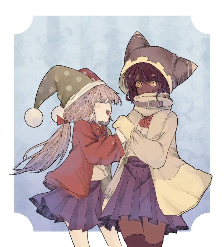 2girls aida_(aidacamelia0516) black_thighhighs blue_skirt bow bowtie gloves grey_jacket hair_bow hand_up hat highres jacket jester_cap kirby_(series) long_hair long_sleeves low_twintails magolor marx_(kirby) multiple_girls nintendo open_mouth personification pleated_skirt purple_hair red_bow red_bowtie red_jacket shirt skirt smile thighhighs twintails very_long_hair white_gloves white_shirt