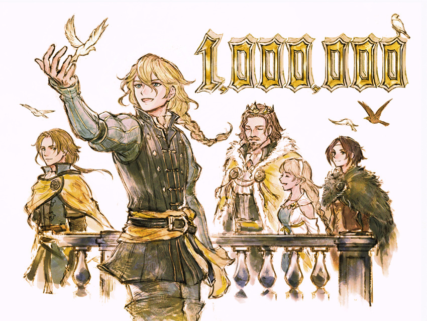 2girls 3boys beard belt bird blonde_hair blue_eyes brown_hair cape cordelia_glenbrook cowboy_shot crown facial_hair frani_glenbrook fur-trimmed_cape fur_trim high_collar hughette_bucklar ikusy king long_hair milestone_celebration multiple_boys multiple_girls mustache official_art open_mouth prince railing regna_glenbrook roland_glenbrook simple_background smile standing triangle_strategy white_background