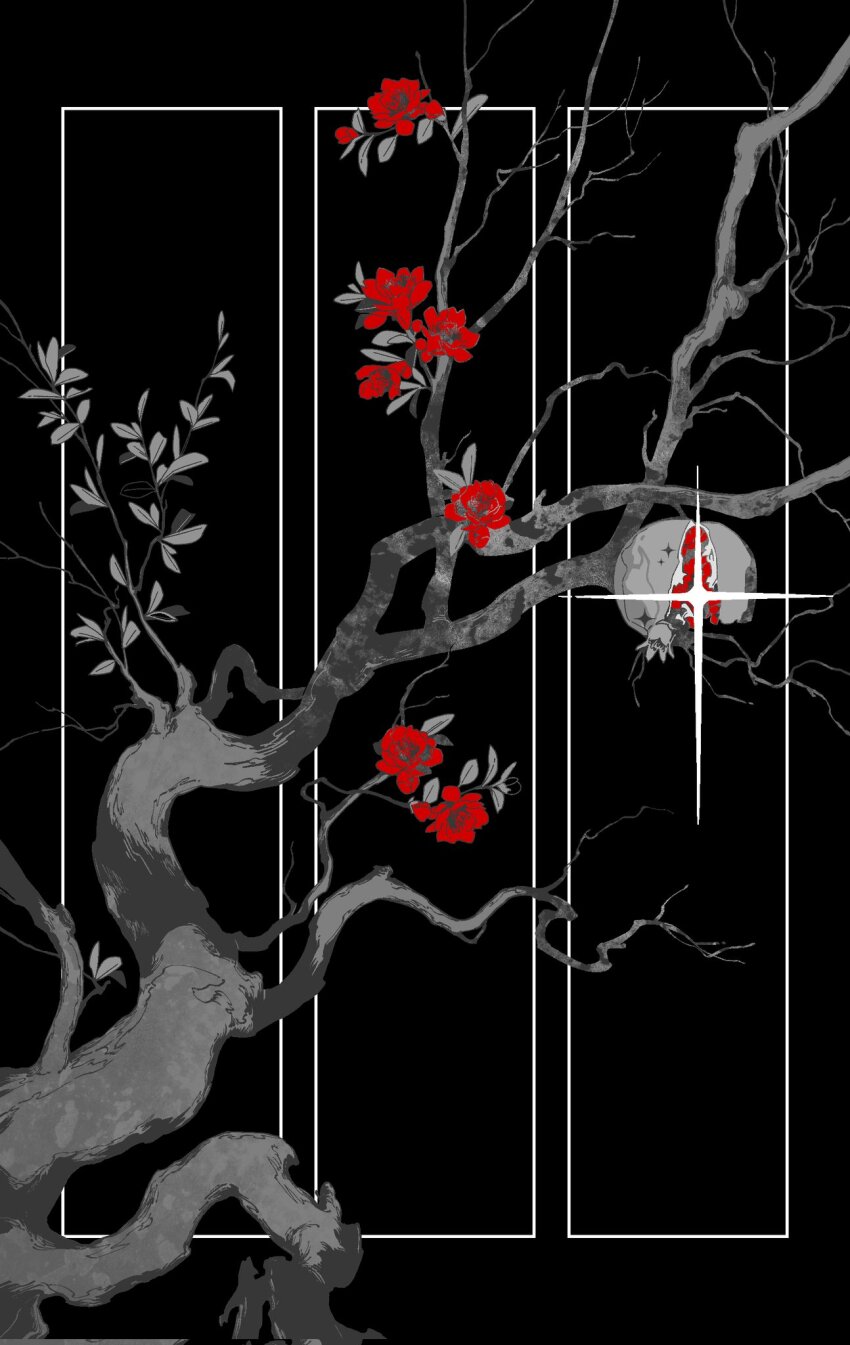 bare_tree benkdjjituibot black_background branch flower food fruit greyscale highres leaf monochrome no_humans omniscient_reader&#039;s_viewpoint outside_border plant pomegranate red_flower red_rose rose scenery sparkle spot_color tree