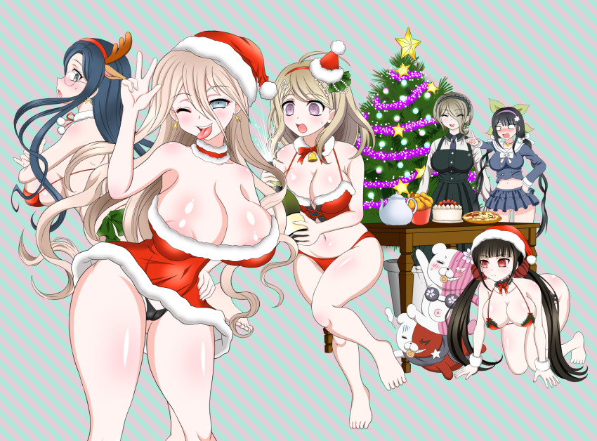 6+girls akamatsu_kaede alcohol antlers arm_up bare_arms bare_legs bare_shoulders bare_stomach barefoot bell bent_over black_dress black_hair black_headdress black_headwear black_panties blonde_hair blue_eyes blue_hair blue_necktie blue_shirt blue_skirt blush bottle bow bow_bra bowtie bra breasts brown_hair bucket cake cameltoe chabashira_tenko champagne champagne_bottle chicken_(food) choker christmas christmas_lights christmas_ornaments christmas_tree cleavage closed_eyes closed_mouth collar collarbone covered_erect_nipples crawling danganronpa_(series) danganronpa_2:_goodbye_despair danganronpa_v3:_killing_harmony dress drink earrings ears eyelashes feet_out_of_frame female_focus fingernails fluff fluffy fluffy_collar food fortissimo fried_chicken frown full_body fuzzy_hat glasses glasses_on_head gluteal_fold green_background green_eyes green_headwear green_ribbon hair_between_eyes hair_ornament hairband hand_on_own_hip hand_up hands_over_breasts harukawa_maki hat headband highres holding holding_bottle holding_drink horns iruma_miu jewelry large_breasts leaf leaf_hair_ornament leaf_on_head leaning_forward long_hair long_sleeves looking_at_viewer medium_breasts mole mole_under_eye monophanie monotaro_(danganronpa) multicolored_background multiple_girls musical_note musical_note_hair_ornament navel neck_bell neck_ribbon necktie one_eye_closed open_mouth panties partially_undressed pink_background pink_hairband pink_headband pink_headwear pizza pleated_dress pleated_skirt pointing purple_eyes red_bow red_bra red_choker red_collar red_dress red_eyes red_hairband red_headband red_headwear red_panties red_ribbon red_scrunchie reindeer reindeer_antlers reindeer_hair_ornament ribbon round_eyewear sailor_collar santa_costume santa_hat scrunchie shiny_skin shirogane_tsumugi shirt shoulder_blades simple_background sitting sitting_on_person skirt smile standing standing_on_one_leg star_(symbol) star_hair_ornament striped_background sweat sweatdrop table teapot thighs tojo_kirumi tongue twintails underwear v white_choker white_collar white_cuffs white_shirt white_trim wink wooden_table wrist_cuffs