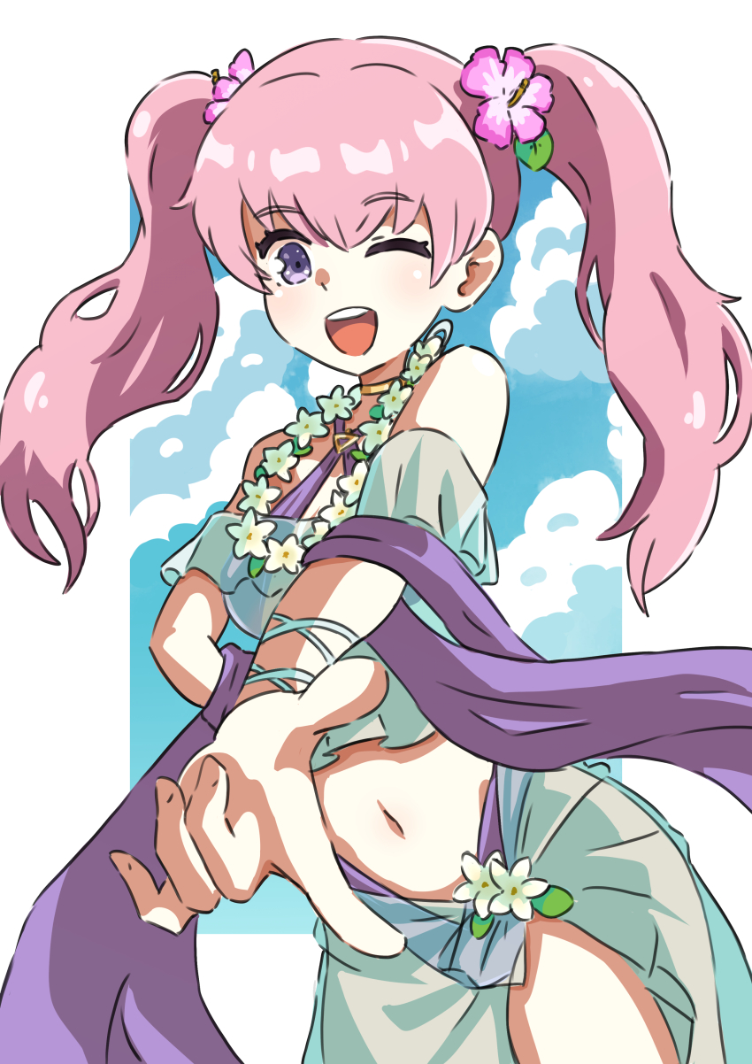 1girl ;d absurdres bikini cianter commentary english_commentary fire_emblem fire_emblem:_the_blazing_blade fire_emblem_heroes flower flower_necklace hair_flower hair_ornament highres jewelry lei looking_at_viewer mixed-language_commentary navel necklace nintendo official_alternate_costume one_eye_closed open_mouth pink_hair purple_eyes sarong serra_(fire_emblem) serra_(summer)_(fire_emblem) smile solo swimsuit teeth twintails upper_teeth_only