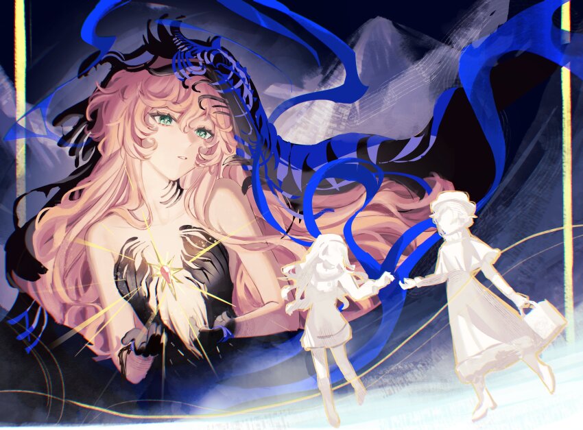 3girls absurdres bare_arms bare_shoulders black_dress black_hands black_veil blue_eyes blue_veil breasts color_drain colored_extremities dark_background dress full_body gem highres long_hair looking_at_viewer making-of_available multiple_girls nautika_(reverse:1999) official_alternate_costume parted_lips pink_hair plunging_neckline purple_gemstone reverse:1999 small_breasts sonetto_(reverse:1999) sonetto_(winter)_(reverse:1999) strapless strapless_dress two-tone_veil upper_body veil vertin_(reverse:1999) vertin_(winter)_(reverse:1999) very_long_hair yuuki_(kiyuuzy)