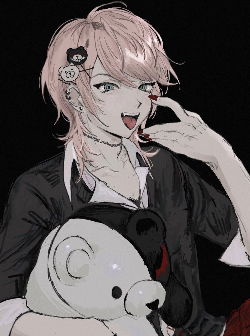 1boy :p bear_hair_ornament black_background black_shirt collarbone danganronpa:_trigger_happy_havoc danganronpa_(series) earrings enoshima_junko genderswap genderswap_(ftm) grey_eyes hair_ornament hairclip highres holding holding_stuffed_toy jewelry long_sleeves male_focus medium_hair monokuma nail_polish red_nails sema_(vivaviva_02) shirt simple_background stuffed_animal stuffed_toy teddy_bear tongue tongue_out