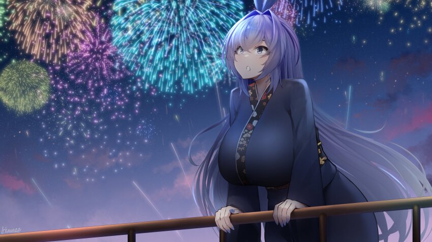 1girl :o absurdres animal_ears azur_lane blue_eyes blue_hair blue_kimono blue_nails breasts cloud firework_background fireworks hair_intakes hand_on_railing highres huge_breasts irkawaza japanese_clothes kimono leaning_forward long_hair new_jersey_(azur_lane) new_year night night_sky obi open_mouth rabbit_ears railing sash sky solo standing very_long_hair