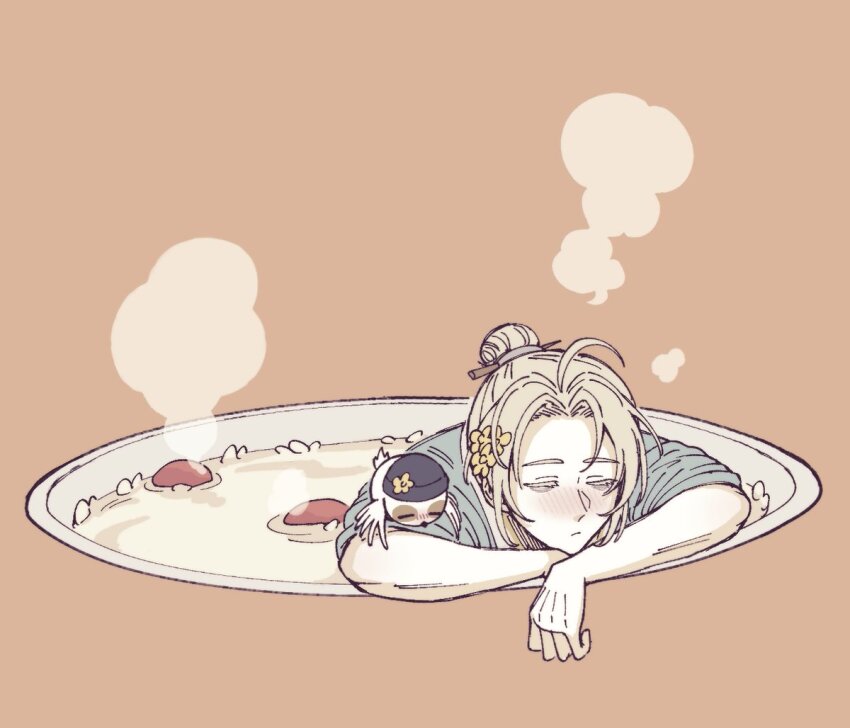 1boy 39999m ahoge animal animal_on_shoulder aqua_hanfu bathing bird bird_on_shoulder blush chinese_clothes closed_eyes food grey_hair hair_bun hanfu male_focus official_alternate_costume partially_submerged reverse:1999 short_hair solo soup steam tit_(bird) upper_body zima_(reverse:1999)